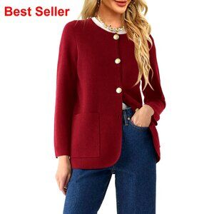 Women's Crew Neck Button Down Cardigan Sweater with Pockets